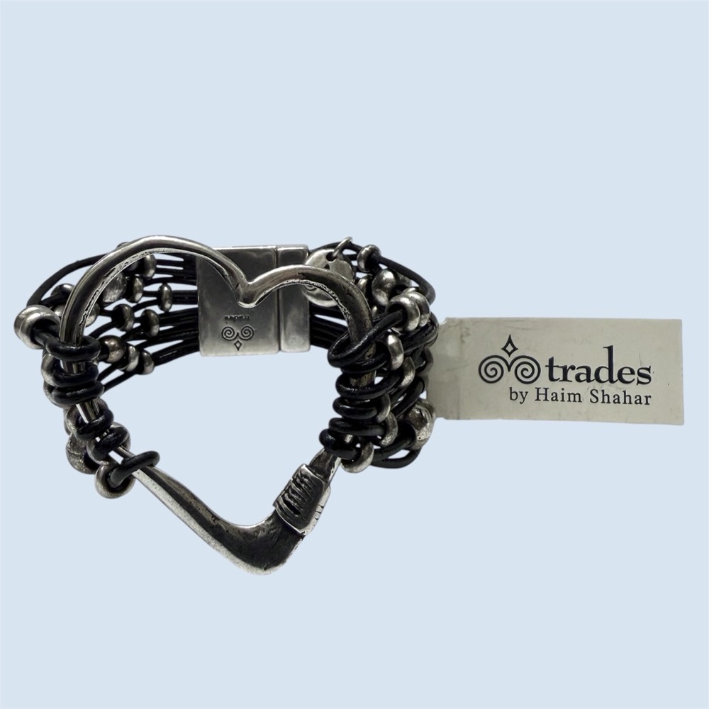 Trades by Haim Shahar Silver Heart Strappy Spanish Leather Bracelet